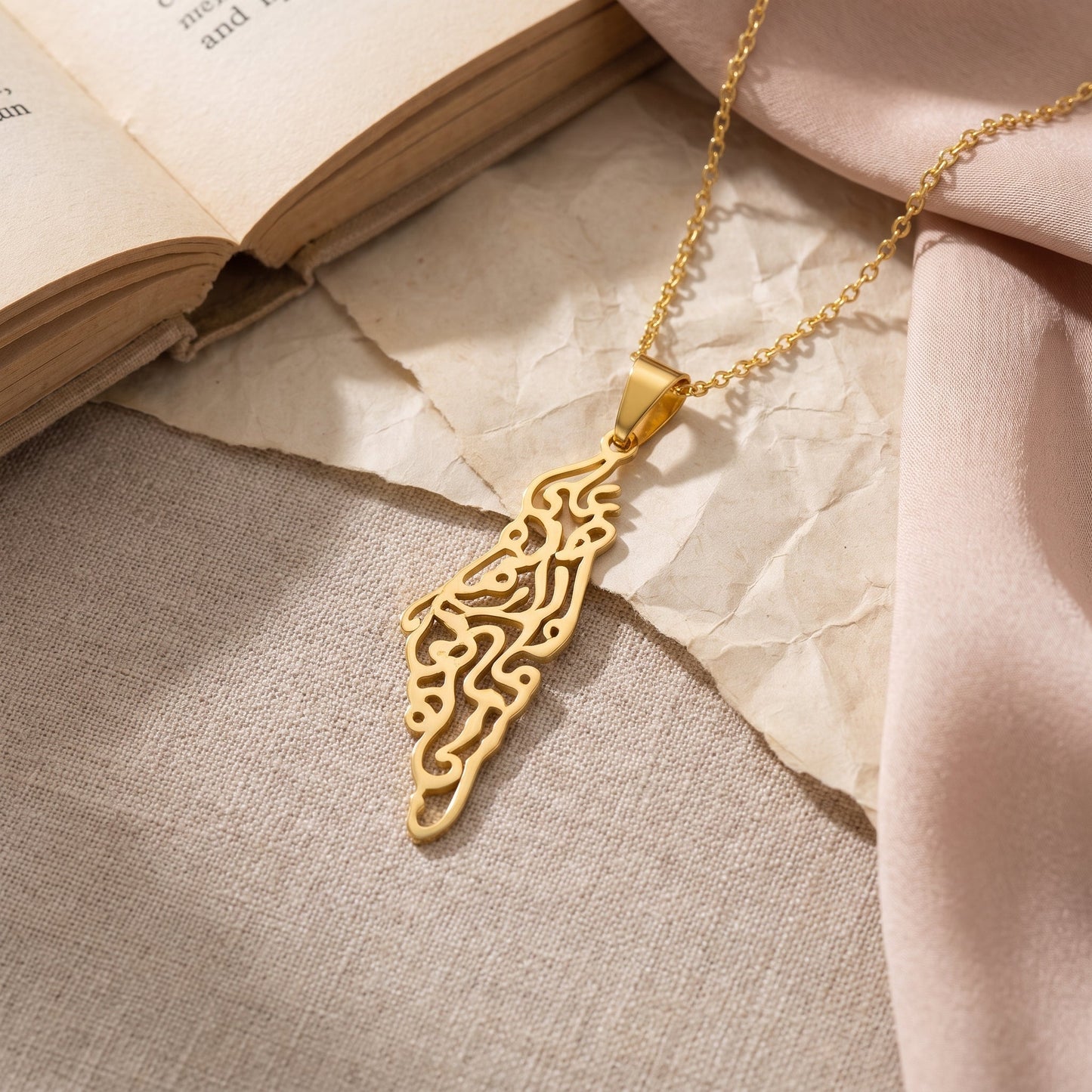 Qamar Palestine Calligraphy Map Necklace